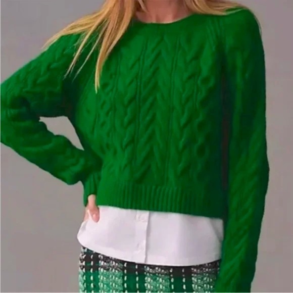 Maeve Green Cable Knit Sweater with white faux shirt style. S - Picture 1 of 7